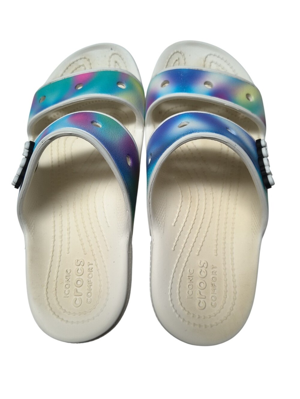 Crocs Classic Sandals Featuring A Vibrant Tie-dye Graphic In Straps Size 8 - Picture 3 of 7